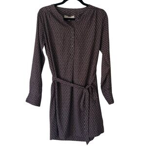 LOFT Mini Dress Maroon Gray Blue Longsleeve with Waist Tie Batik Print XS